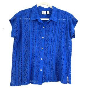 Goa Beachwear by Japna Blue Top Size Medium Button Up Blouse Crocheted Collared